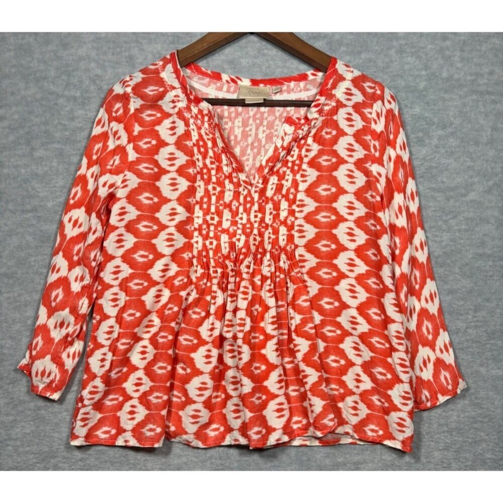 Vanessa Virginia Anthropologie Women's Top Size 0 Orange White Blouse Geo Print